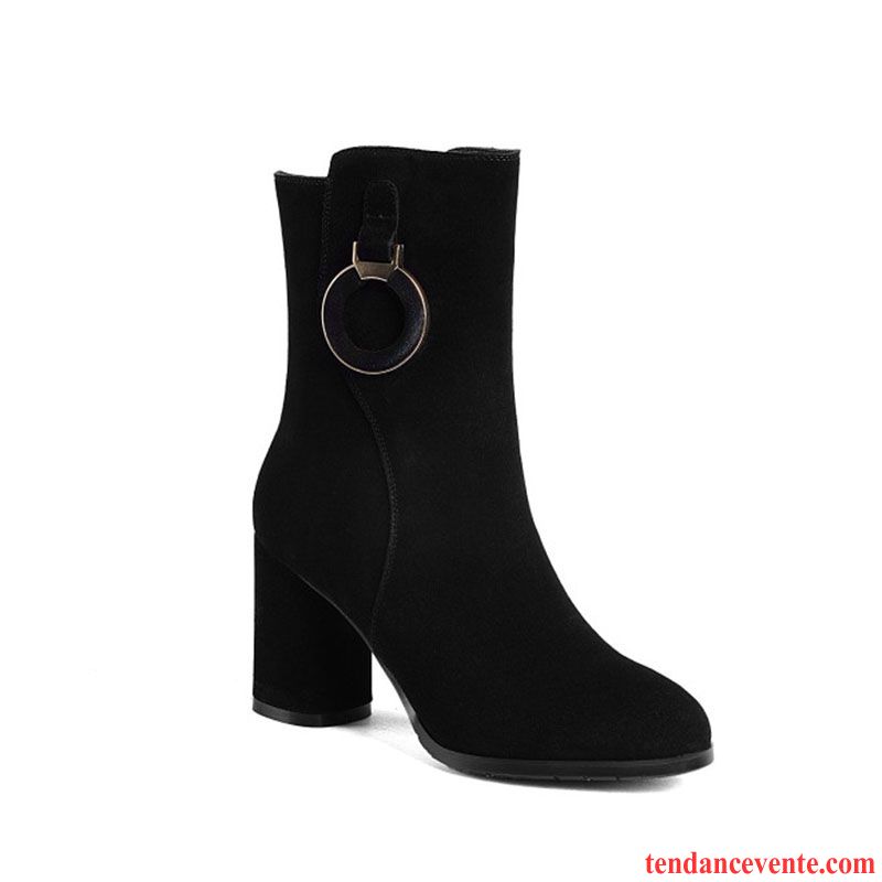 Bottes Cuir Femme Pas Cher Talons Hauts Métal Dessus Cuir Délavé En Daim Épais L'automne Noir Femme Cuir Véritable En Cuir