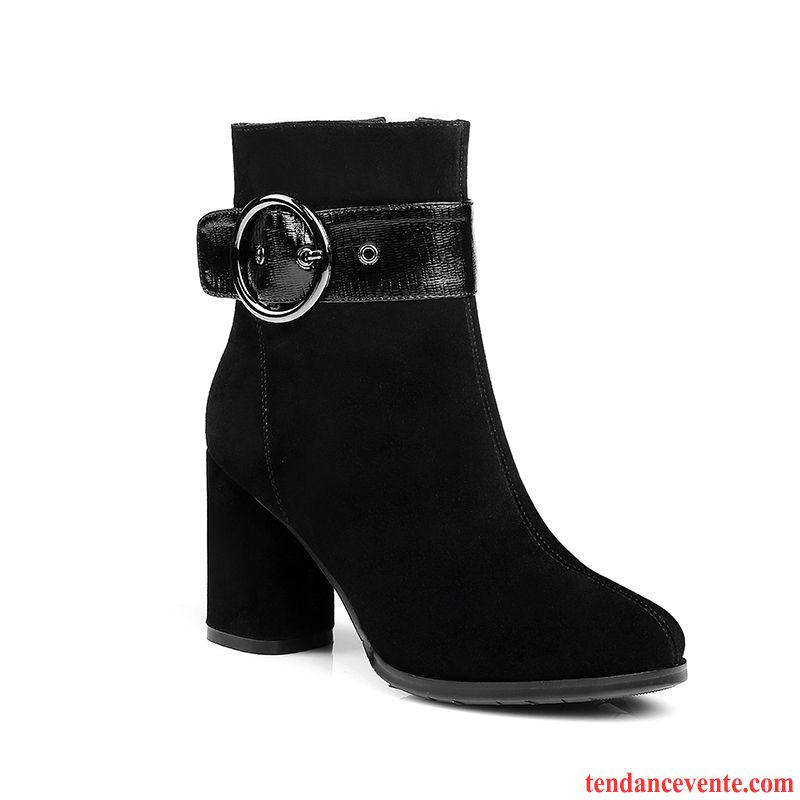 Bottes Cuir Femme Pas Cher Talons Hauts Métal Dessus Cuir Délavé En Daim Épais L'automne Noir Femme Cuir Véritable En Cuir