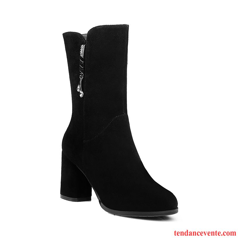 Bottes Cuir Femme Pas Cher Talons Hauts Métal Dessus Cuir Délavé En Daim Épais L'automne Noir Femme Cuir Véritable En Cuir