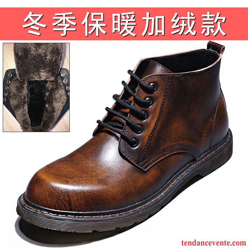 Bottes Cuir Homme Bureau Cuir Véritable Hautes Rétro Angleterre Plus De Velours L'automne Gros Hiver Tendance Homme