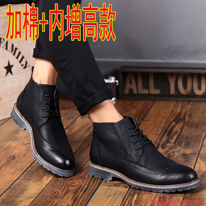 Bottes Cuir Homme Homme Rétro Angleterre Derbies Tendance Fleur Augmenté Plus De Velours Hautes Or