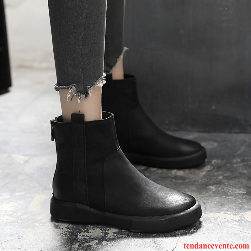 Bottes Cuir Soldes Cuir Véritable Angleterre L'automne Hiver Femme Plates Plus De Velours Noir Semelle Épaisse