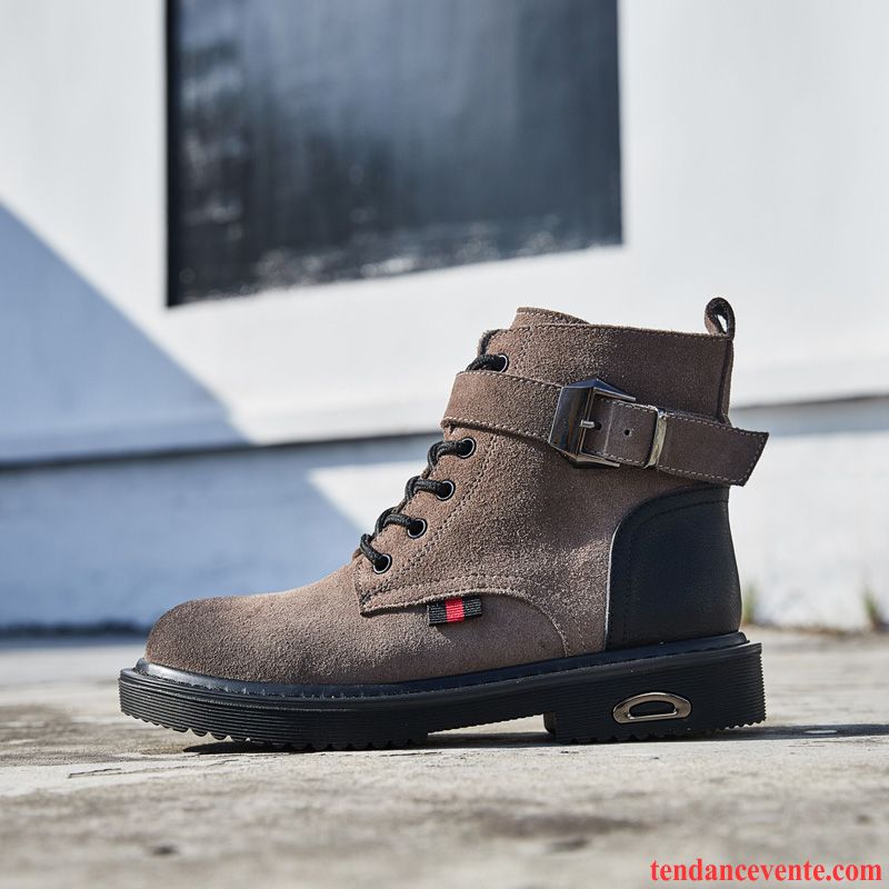 Bottes D Hiver Femme Pas Cher Cuir Véritable Délavé En Daim Plates Laçage Tendance L'automne Marron Femme Angleterre Printemps Bordeaux