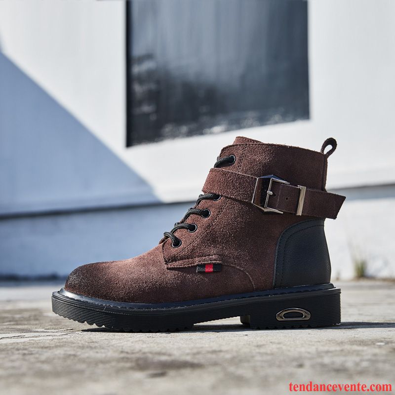 Bottes D Hiver Femme Pas Cher Cuir Véritable Délavé En Daim Plates Laçage Tendance L'automne Marron Femme Angleterre Printemps Bordeaux