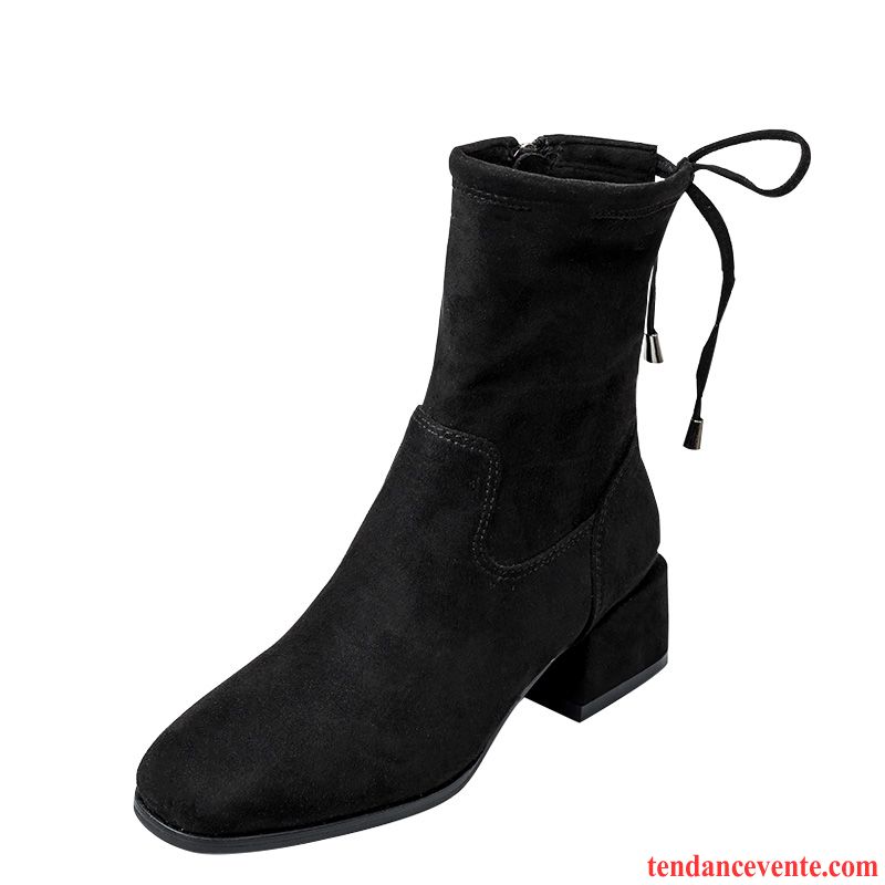 Bottes D Hiver Femme Pas Cher Hiver Noir Bout Rond L'automne Épais Fermeture Éclair Femme Beauté