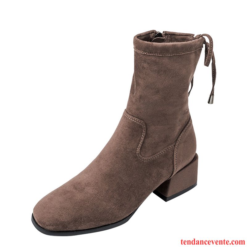 Bottes D Hiver Femme Pas Cher Hiver Noir Bout Rond L'automne Épais Fermeture Éclair Femme Beauté