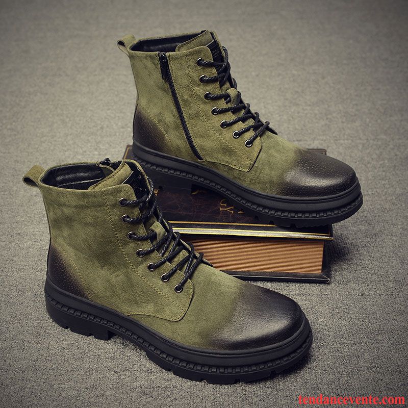 Bottes De Cuir Homme Chaussures De Travail Hiver Chaussures En Coton Homme Vert Chauds Hautes Angleterre Plus De Velours Rouge