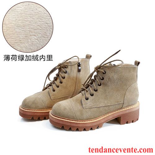 Bottes En Cuir Femme Pas Cher Fermeture Éclair Angleterre Femme Plus De Velours Courte Délavé En Daim L'automne Hiver Épais Cuir Véritable