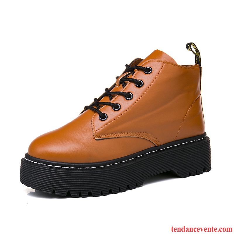 Bottes En Cuir Femme Pas Cher Hiver Laçage Étudiant Femme Semelle Épaisse L'automne Plus De Velours Chaussures En Coton Tous Les Assortis Angleterre Marron Pas Cher