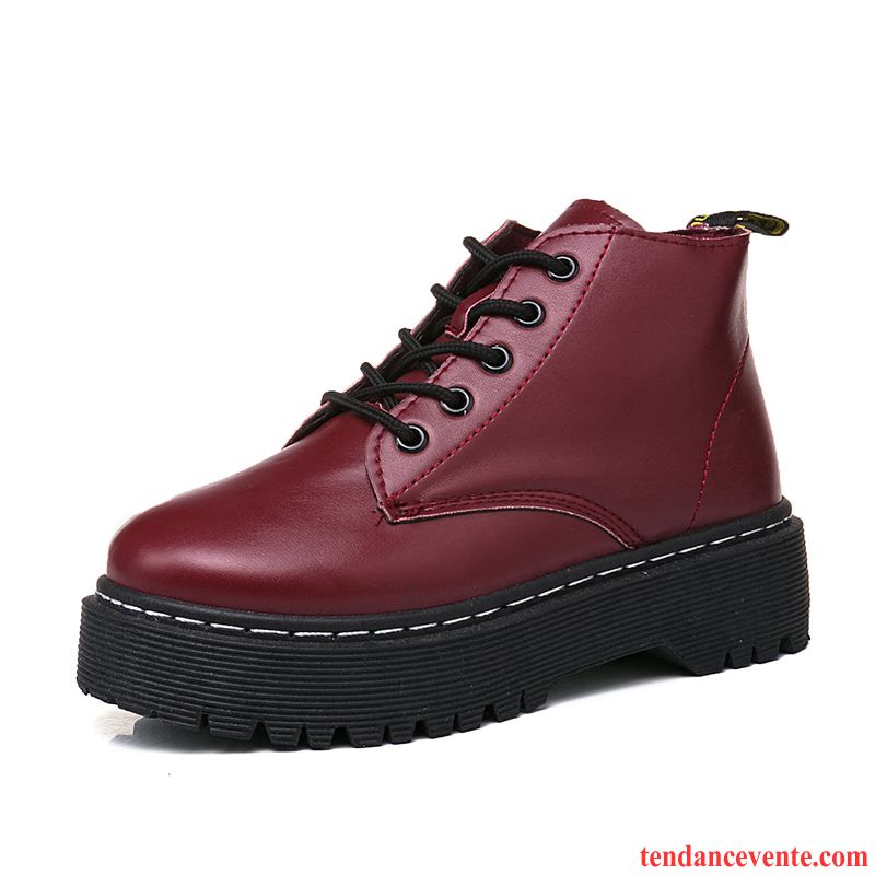 Bottes En Cuir Femme Pas Cher Hiver Laçage Étudiant Femme Semelle Épaisse L'automne Plus De Velours Chaussures En Coton Tous Les Assortis Angleterre Marron Pas Cher