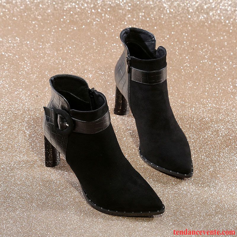 Bottes En Cuir Femme Pas Cher Hiver Pointe Pointue Épais Tous Les Assortis L'automne Escarpins Femme Mode Bisque