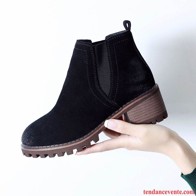 Bottes En Ligne Femme Tendance Femme Bleu Épais Cuir Véritable Délavé En Daim Angleterre Tous Les Assortis Printemps L'automne Corail