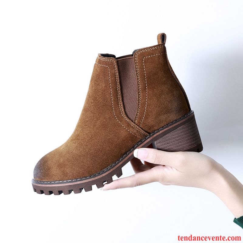 Bottes En Ligne Femme Tendance Femme Bleu Épais Cuir Véritable Délavé En Daim Angleterre Tous Les Assortis Printemps L'automne Corail