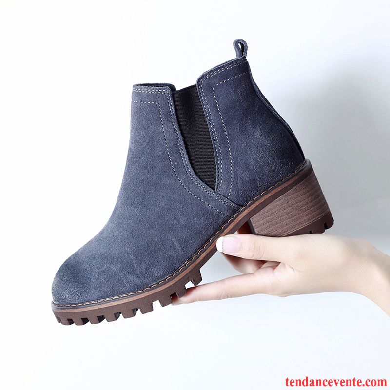 Bottes En Ligne Femme Tendance Femme Bleu Épais Cuir Véritable Délavé En Daim Angleterre Tous Les Assortis Printemps L'automne Corail