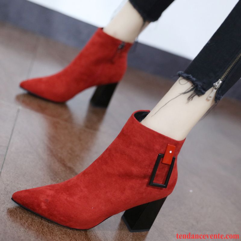 Bottes Femme Escarpins Hiver Épais L'automne Pointe Pointue Suède Couleurs Mixtes Noir Rouge