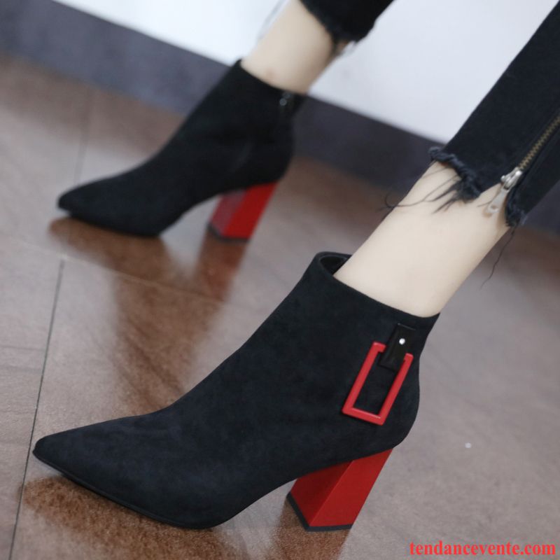 Bottes Femme Escarpins Hiver Épais L'automne Pointe Pointue Suède Couleurs Mixtes Noir Rouge