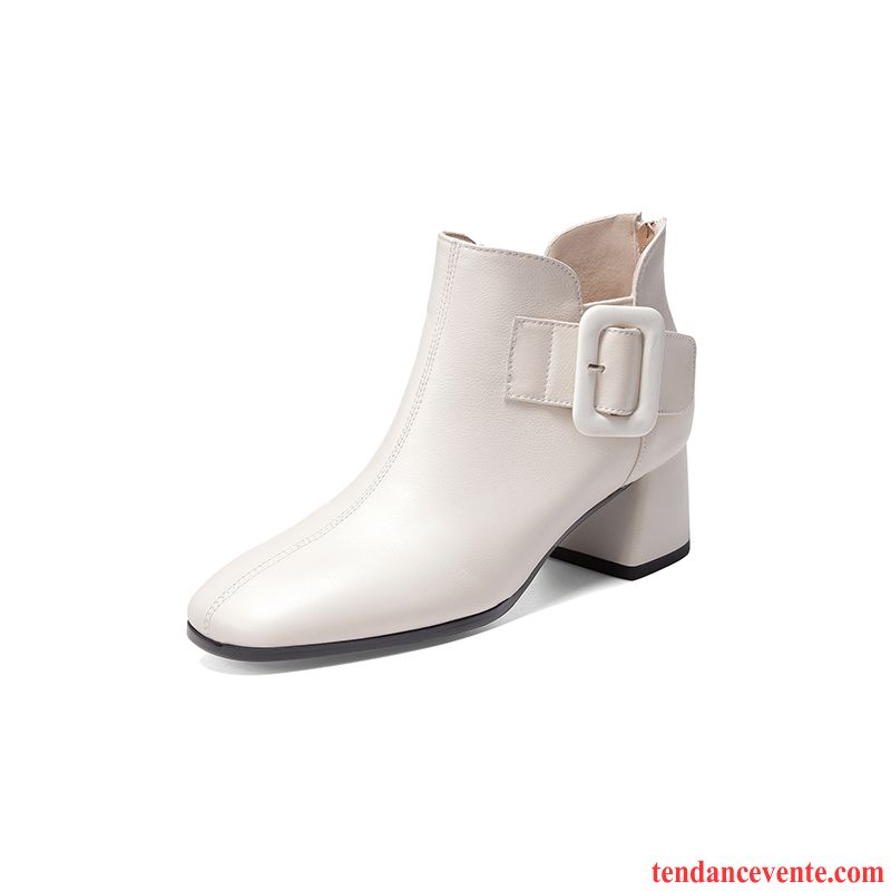 Bottes Femme Fermeture Éclair Boucle Épais En Cuir Tous Les Assortis Printemps Blanc Pur Blanc