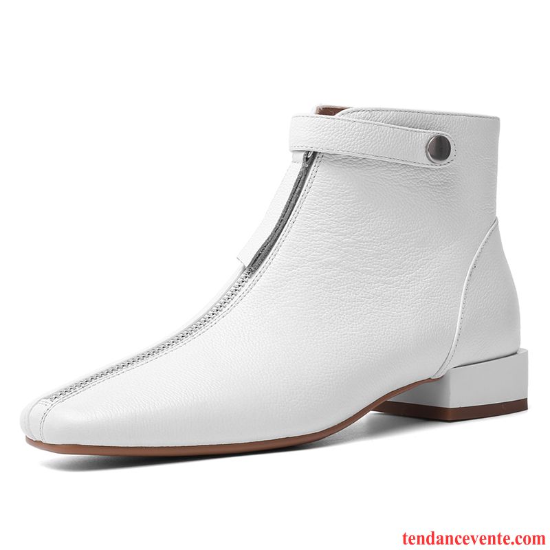 Bottes Femme Tête Carrée Épais Courte Plates Fermeture Éclair Cuir Véritable Blanc Rouge