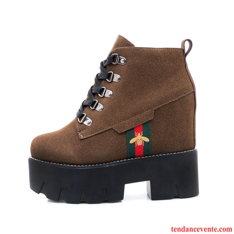 Bottes Femmes Noires Cuir Femme Bout Rond Étudiant Semelle Épaisse L'automne Tendance Courte Printemps Talons Hauts Angleterre Augmenté Pas Cher