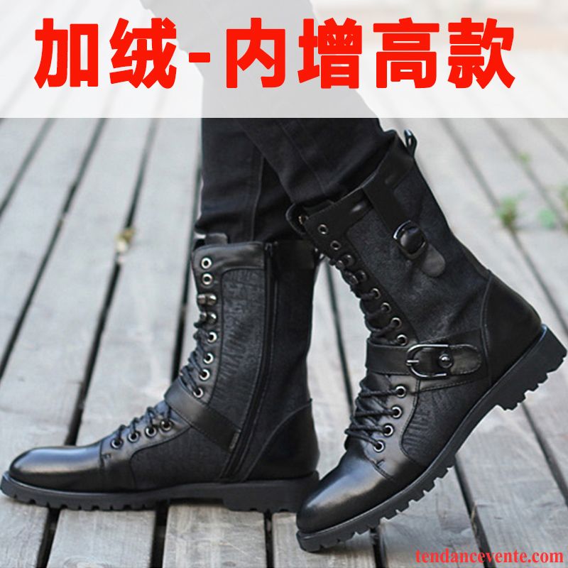 Bottes Fourrées Homme Tendance Homme Cuir Véritable Augmenté Noir En Cuir Plus De Velours Laçage Neige