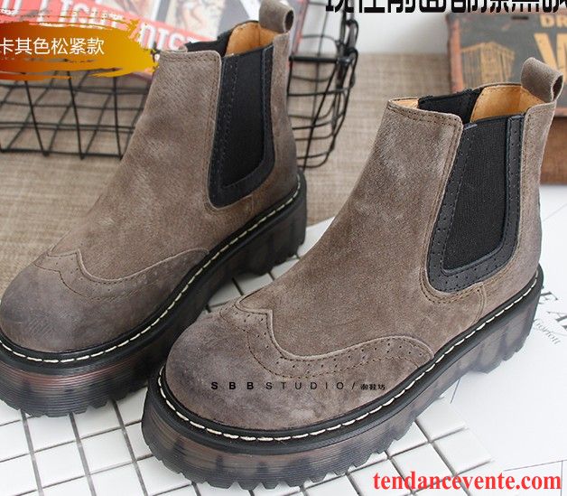 Bottes Marron Cuir Femme Printemps Cuir Véritable Offre Spéciale L'automne Angleterre Semelle Épaisse Rétro Femme Élastique