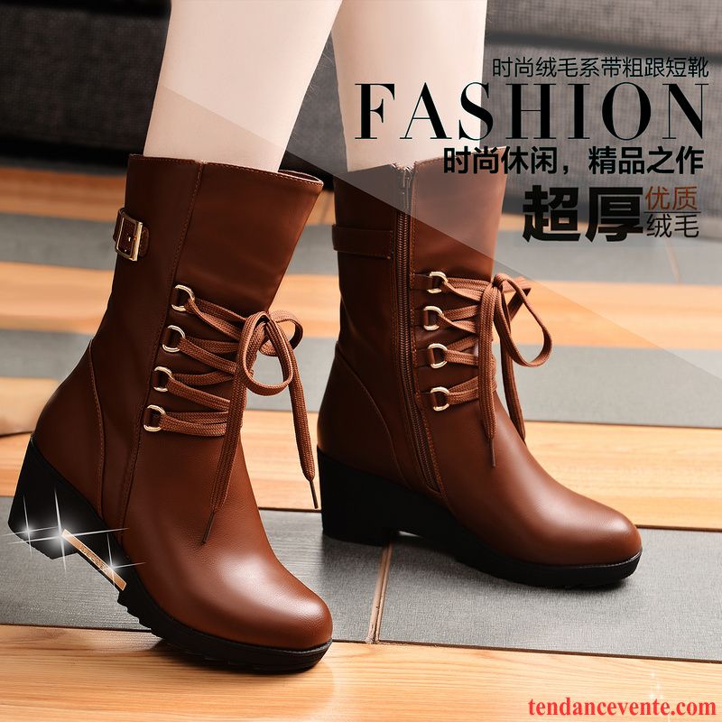 Bottes Marron Cuir Plus De Velours Épais Tendance Femme Hiver Tous Les Assortis L'automne Rouge Pas Cher