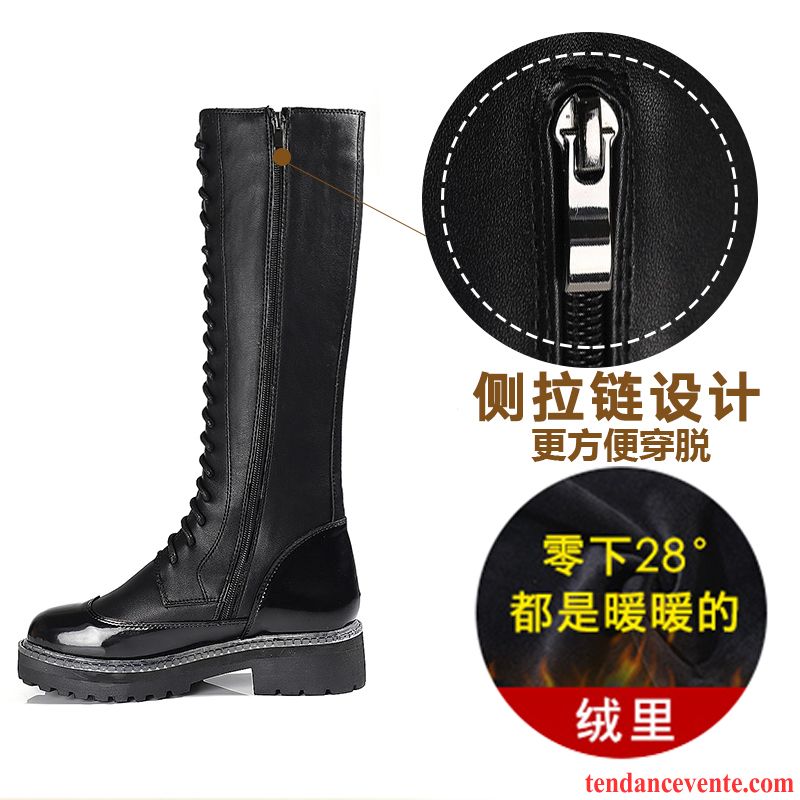 Bottes Noires Cuir Plates Femme Longue L'automne Hiver Laçage Bout Rond Angleterre Bordeaux