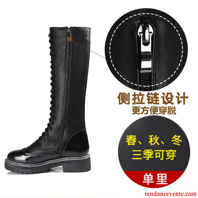 Bottes Noires Cuir Plates Femme Longue L'automne Hiver Laçage Bout Rond Angleterre Bordeaux