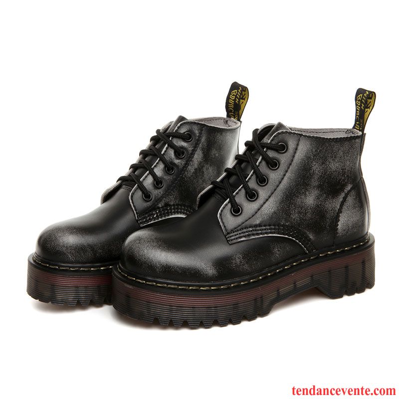 Bottes Noires Cuir Plates Rétro Femme Cuir Véritable Angleterre Chaussures À Plateformes Printemps Laçage Semelle Épaisse Étudiant L'automne Pas Cher