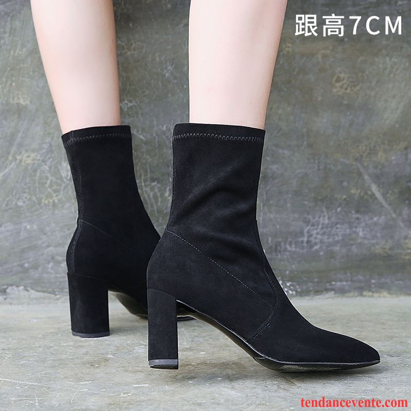 Bottes Noires Et Blanches Femme Cuir Véritable Tous Les Assortis L'automne Printemps Pointe Pointue Épais Talons Hauts Femme Extensible