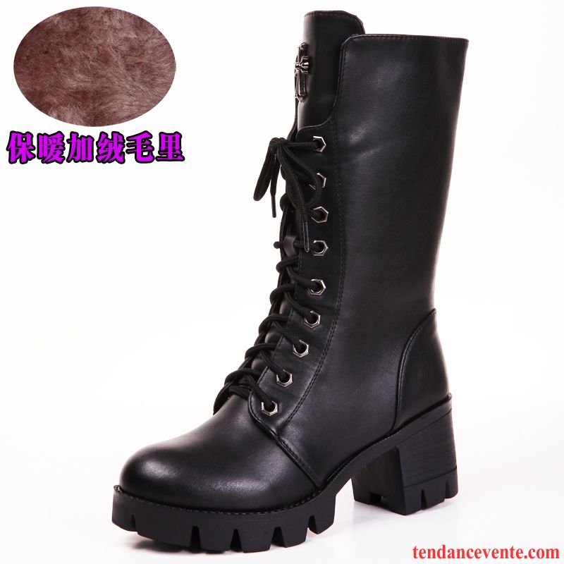 Bottes Noires Plates Cuir Cuir Véritable Angleterre Femme Matelassé Hiver Talons Hauts L'automne Plus De Velours Épais Pas Cher