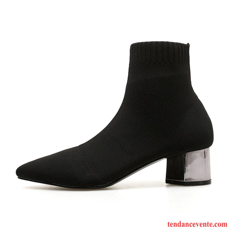 Bottes Noires À Talons Tous Les Assortis Femme Épais Mince L'automne Extensible Rouge Printemps Pointe Pointue Bisque