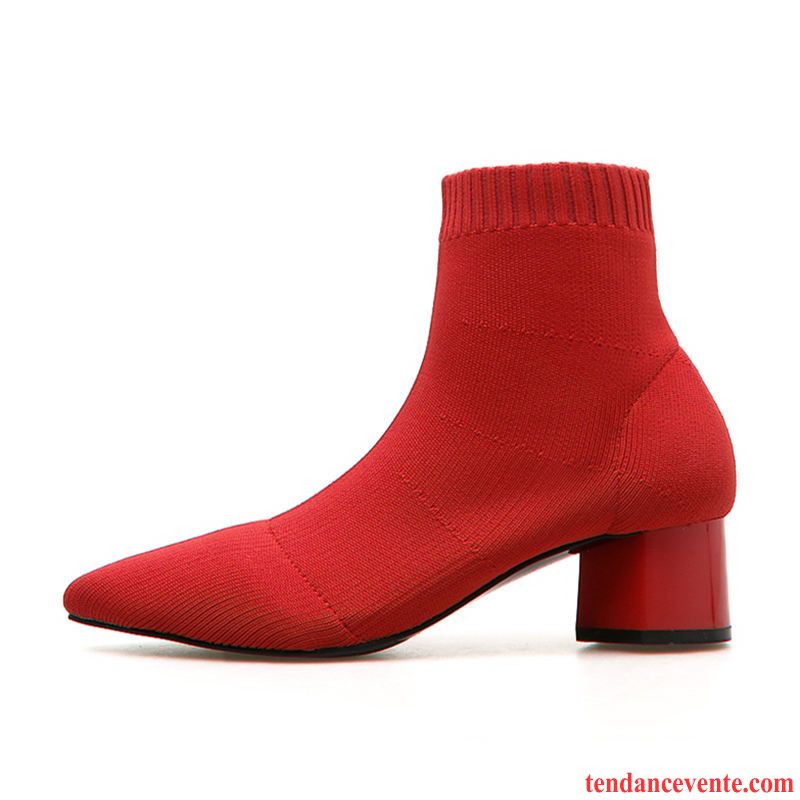 Bottes Noires À Talons Tous Les Assortis Femme Épais Mince L'automne Extensible Rouge Printemps Pointe Pointue Bisque