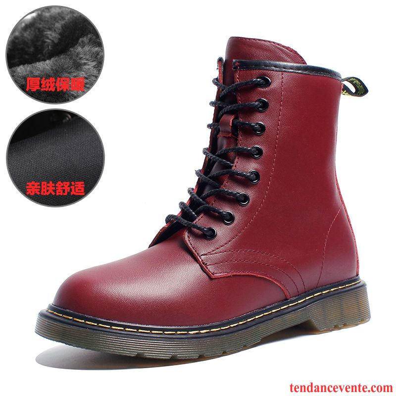 Bottes Pas Cher Femme Cuir Angleterre Bout Rond Hiver Rétro Semelle Épaisse Cuir Véritable Femme Plates Plus De Velours Blé