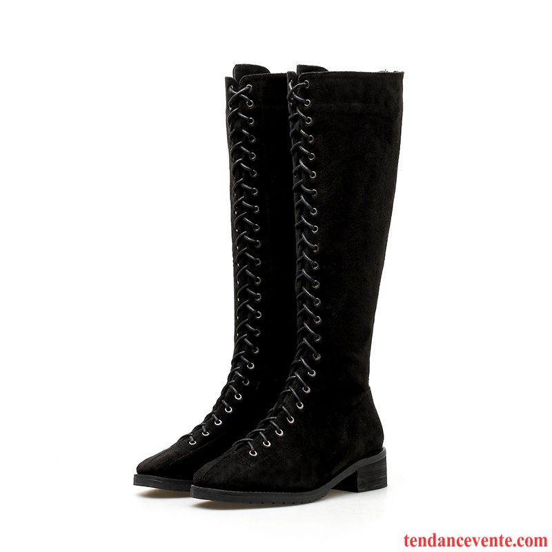 Bottes Pas Cher Femme Cuir Femme Longue Fermeture Éclair Plus De Velours Tous Les Assortis Hiver Bout Rond Écarlate