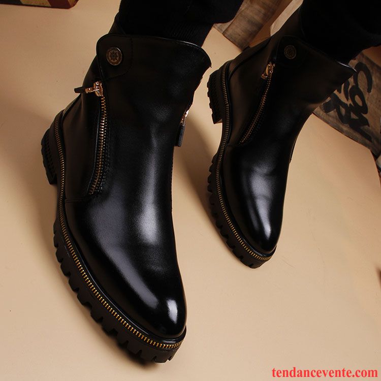 Bottine Homme En Daim En Cuir Cuir Véritable Pointe Pointue Angleterre Fermeture Éclair Augmenté Homme Tendance Noir Pas Cher