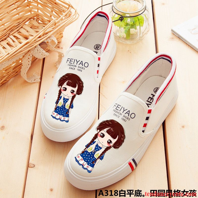 Bottine Skate Marron Femme Graffiti Tous Les Assortis Paresseux Chaussures En Tissu Slip-on Toile Dessin Animé Femme Plates Rue Printemps Été Étudiant Blanc