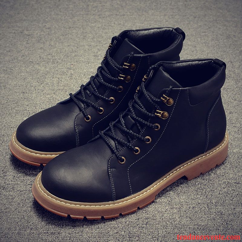 Bottines Cuir Noir Plus De Velours Bureau Hautes Chauds Rétro Homme Hiver Chaussures En Coton Matelassé Angleterre Pas Cher