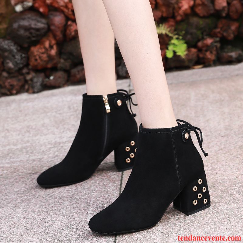 Bottines Daim Femme Femme Talons Hauts Tendance Arc Épais Tous Les Assortis L'automne Gris Printemps Tête Carrée Corail Pas Cher