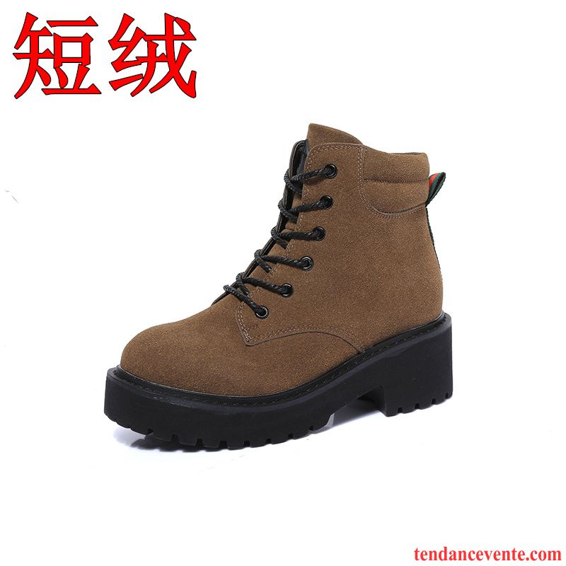 Bottines Femme Noir Cuir Femme Chaussures En Coton Semelle Épaisse Délavé En Daim Hiver Rétro Plus De Velours Angleterre L'automne Plates Laçage Saphir Pas Cher