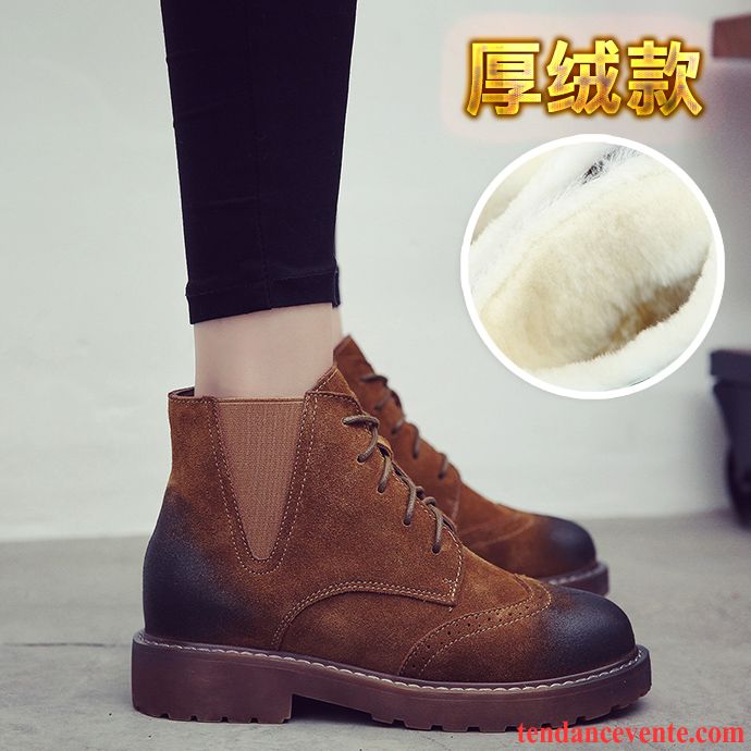 Bottines Marron Femme Plus De Velours Rouge Femme Hiver Augmenté En Cuir Angleterre L'automne Délavé En Daim Cuir Véritable Plates