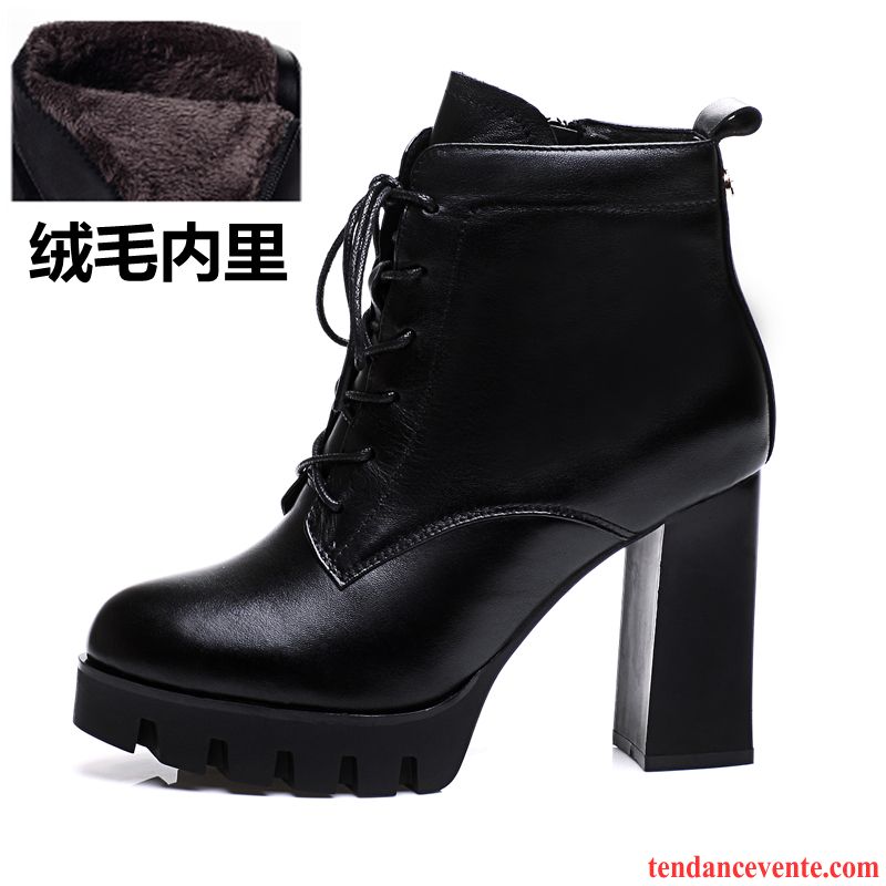 Bottines Noires Plates Cuir Femme Cuir Véritable Angleterre Épais Hiver Escarpins Femme Noir Plus De Velours Chaussures En Coton