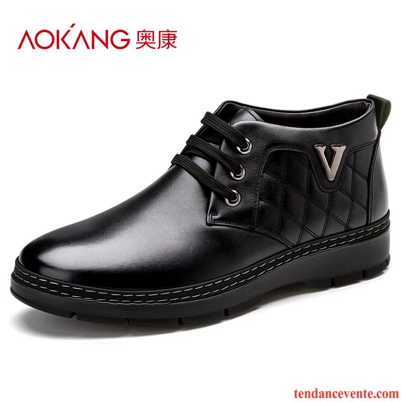 Bottines Noires Talons Chaussures En Coton Chauds Plus De Velours Homme Hiver Hautes Décontractée Cuir Véritable Matelassé Renforcé Noir