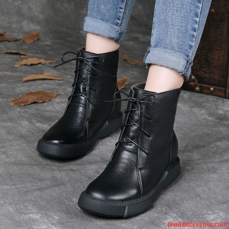 Bottines À Talons Noires Cuir Véritable Tous Les Assortis Bout Rond L'automne Taillissime Printemps Laçage Plates Femme Angleterre Marine