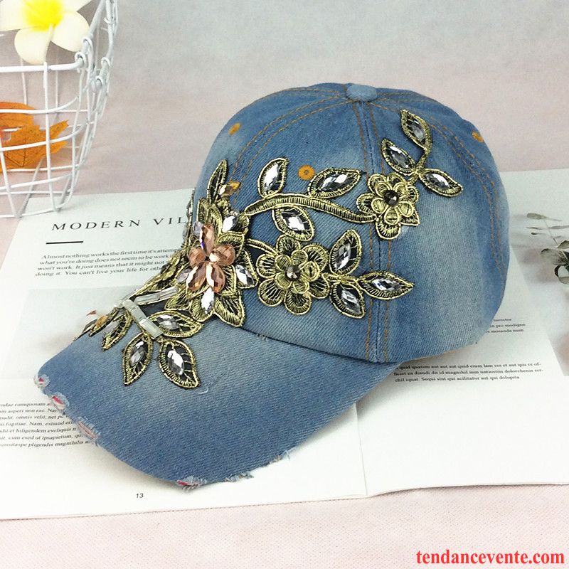 Casquette / Chapeau Femme Pierres De Strass Printemps Ombre Étudiant Chapeau De Soleil Denim Bleu