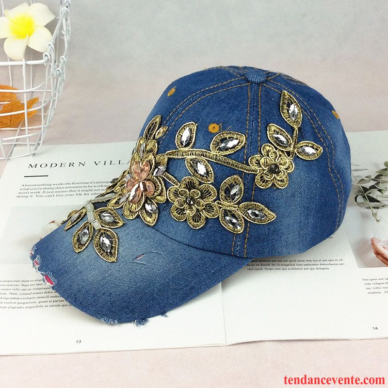 Casquette / Chapeau Femme Pierres De Strass Printemps Ombre Étudiant Chapeau De Soleil Denim Bleu