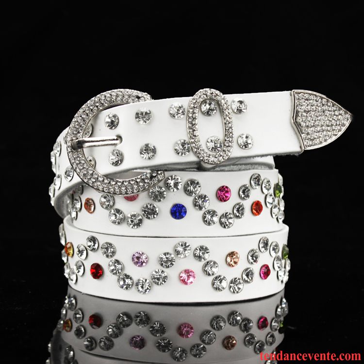 Ceinture Femme All-match Décoration Couleur Pierres De Strass Cuir De Vache Mode Blanc