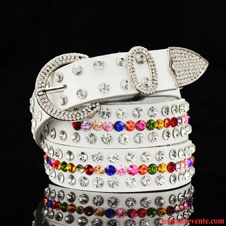 Ceinture Femme All-match Décoration Couleur Pierres De Strass Cuir De Vache Mode Blanc