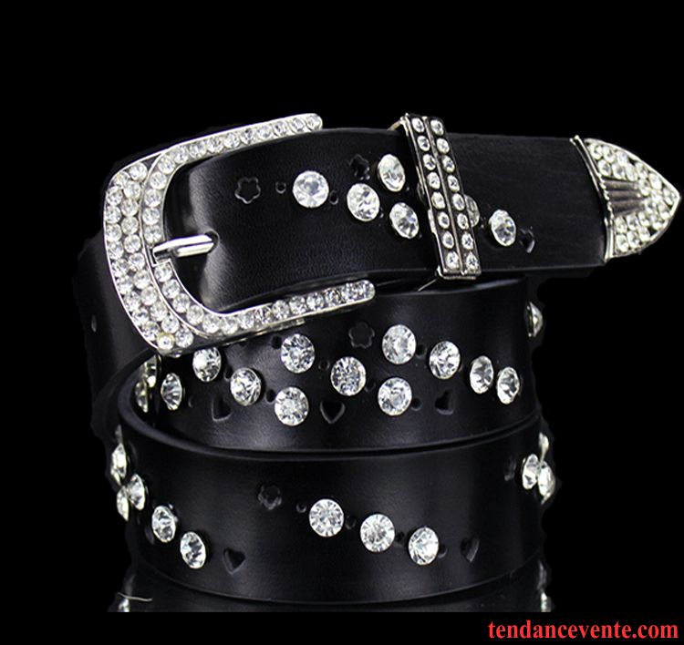 Ceinture Femme Jeans Mode Boucle Diamant All-match Cuir Véritable Bleu