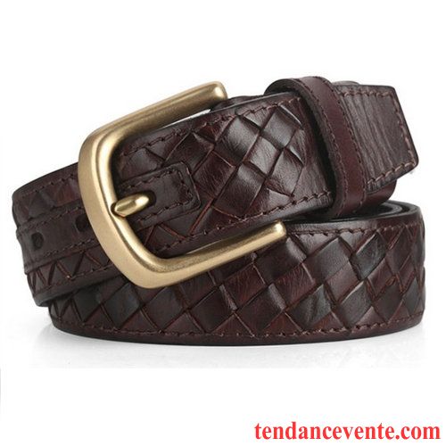 Ceinture Homme Cuir Véritable Couche De Tête Tissage Âge Moyen Boucle Cuir De Vache Foncé